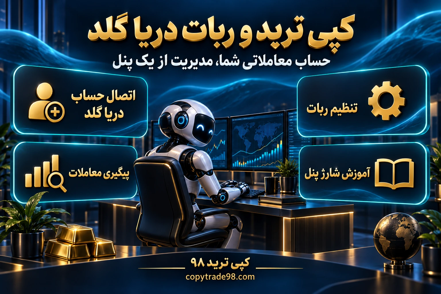 اینفوگرافیک ربات دریا گلد با ربات نشسته در مرکز و مراحل اتصال حساب، تنظیم ربات، پیگیری معاملات و شارژ پنل