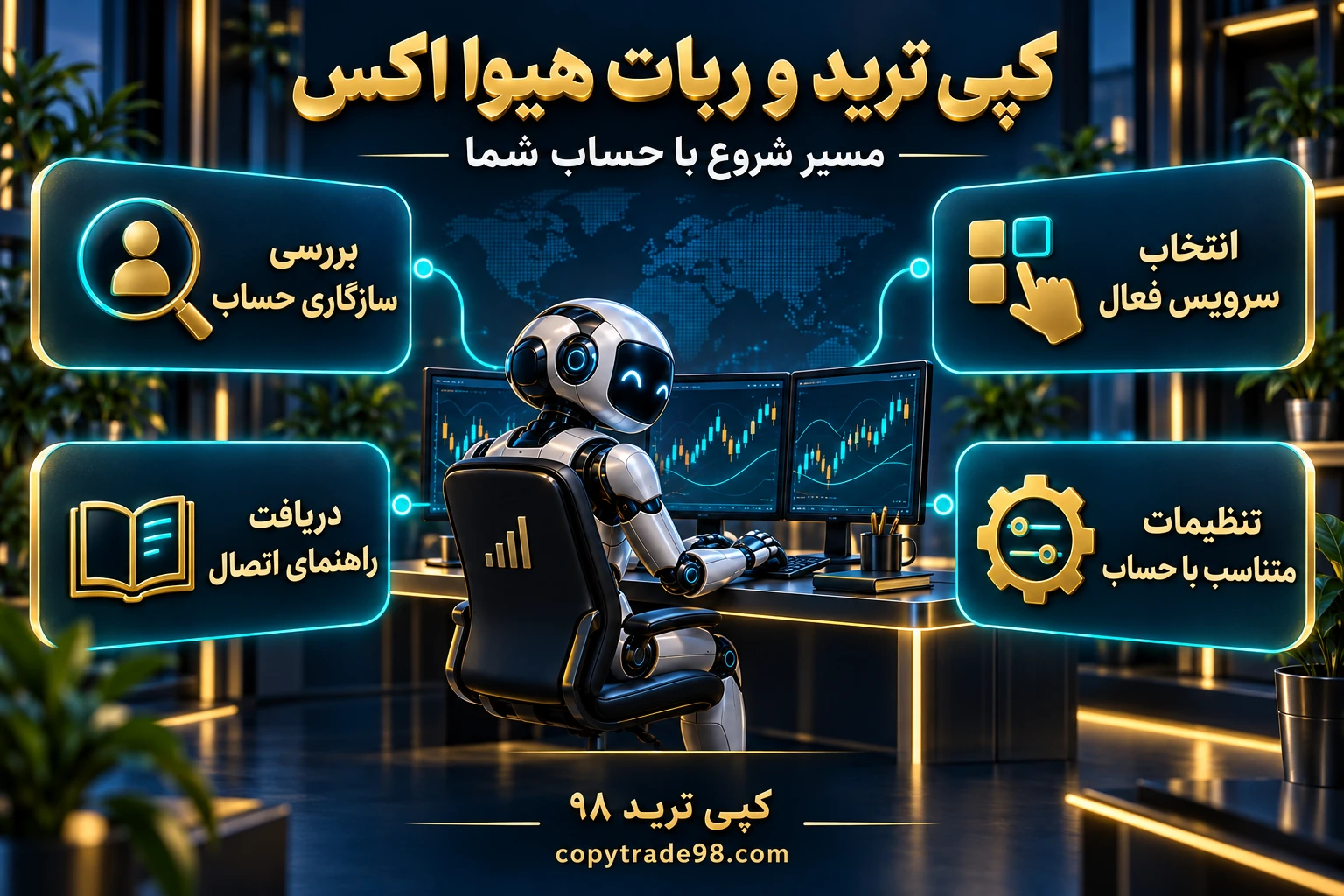 اینفوگرافیک کپی ترید و ربات هیوا اکس؛ بررسی سازگاری حساب، انتخاب سرویس، راهنمای اتصال و تنظیمات حساب