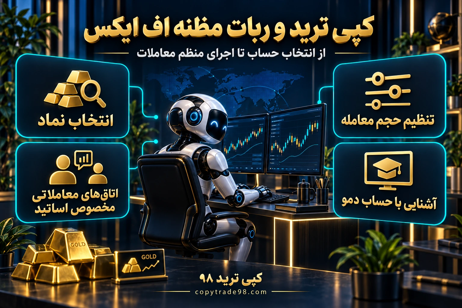 اینفوگرافیک کپی ترید و ربات مظنه اف ایکس؛ انتخاب نماد، تنظیم حجم، اتاق اساتید و آشنایی با دمو