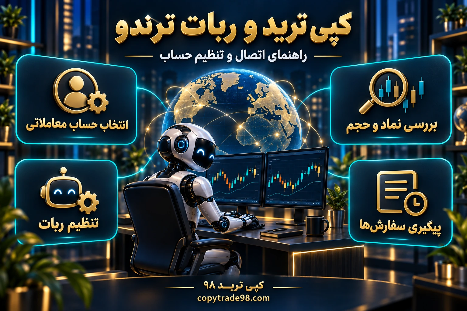 اینفوگرافیک ربات ترندو؛ انتخاب حساب، بررسی نماد و حجم، تنظیم ربات و پیگیری سفارش‌ها